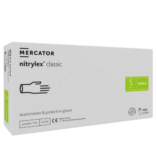 Vienreizlietojamie nitrila cimdi Mercator Nitrylex Classic white S 100gab.