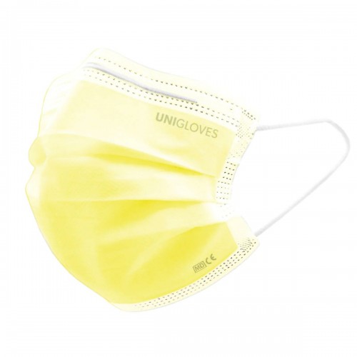 UNIGLOVES Medicīniskā sejas maska ar gumiju PROFIL PLUS YELLOW 3-slāņi, 50 gab